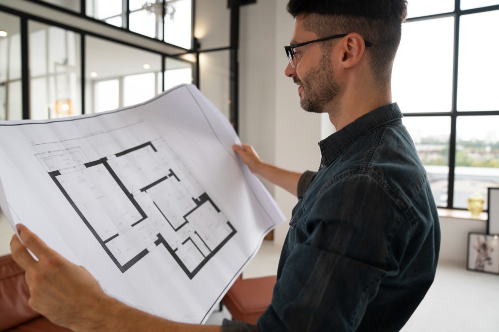 space planning Vue latérale homme tenant le plan de conception