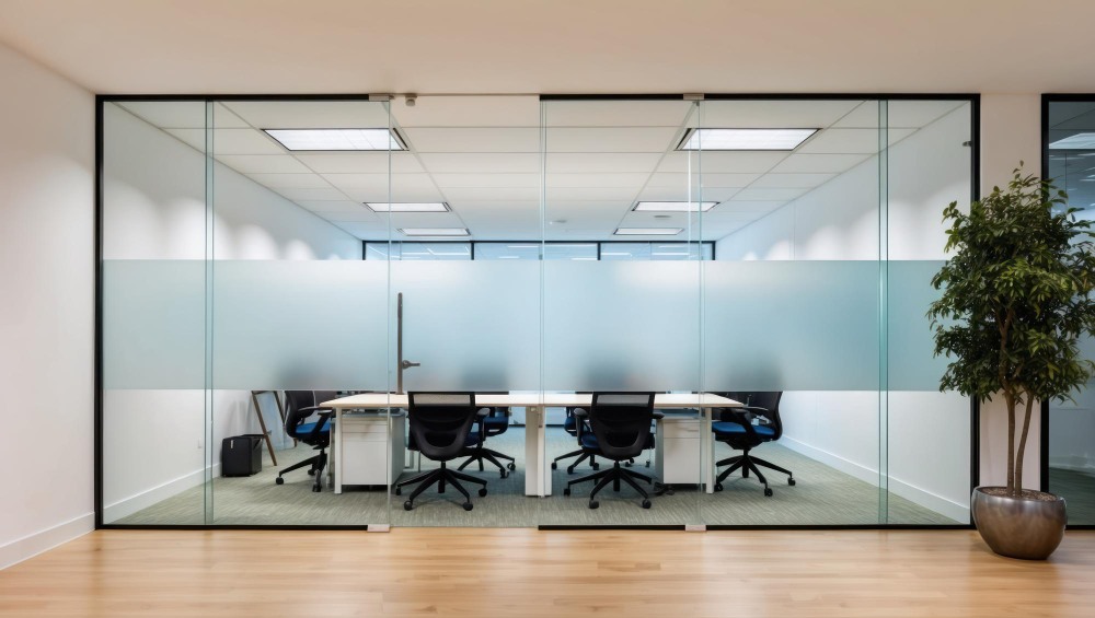 vitrophanie 2 Espace de travail de bureau moderne avec une atmosphère ouverte et lumineuse et des plantes